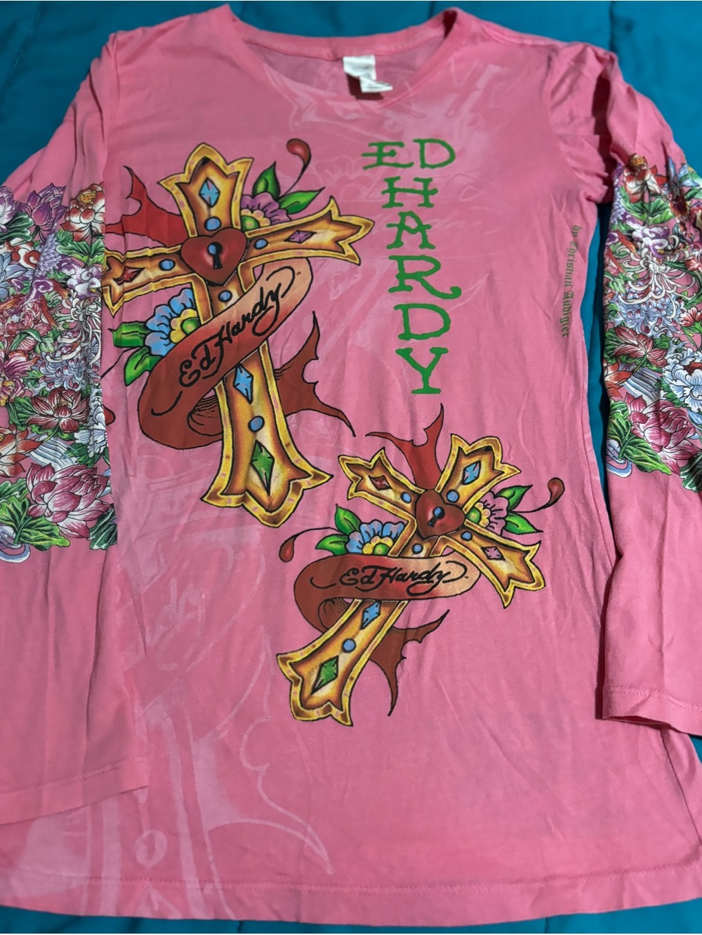 Ed Hardy Christian Audigier Y2K Pink Sacred Heart Cross Shirt M Sleeve Print